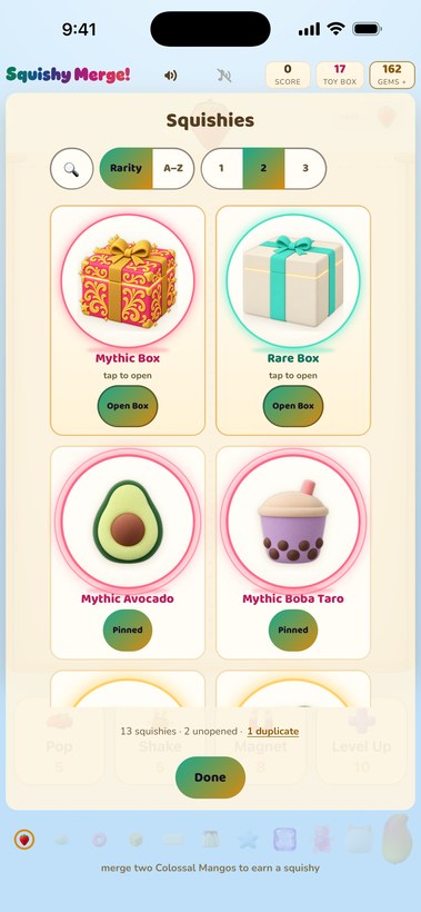 The Squishies grid, with two unopened boxes waiting